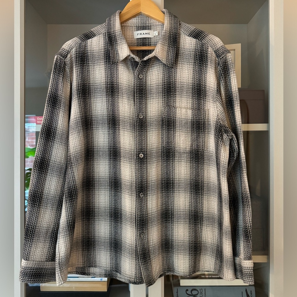 Frame Plaid Knit Shirt, Black & White, Size XL
